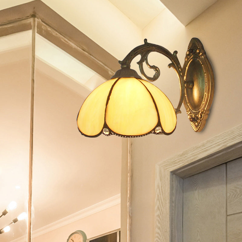 Blue/Beige Tiffany Style Stained Glass Wall Lamp For Bedroom - Floral Sconce Lighting