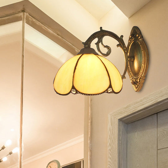 Blue/Beige Tiffany Style Stained Glass Wall Lamp For Bedroom - Floral Sconce Lighting