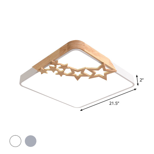 Modern Led Square Acrylic Flush Mount Lamp With Grey/White Ceiling Light Fixture And Wooden Star