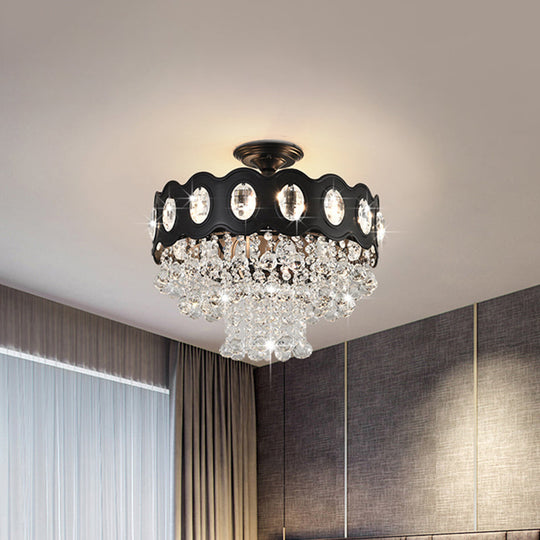 Black Tapered Semi Flush Crystal Orbs Ceiling Mounted Fixture For Hallway