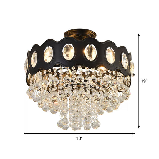 Black Tapered Semi Flush Crystal Orbs Ceiling Mounted Fixture For Hallway