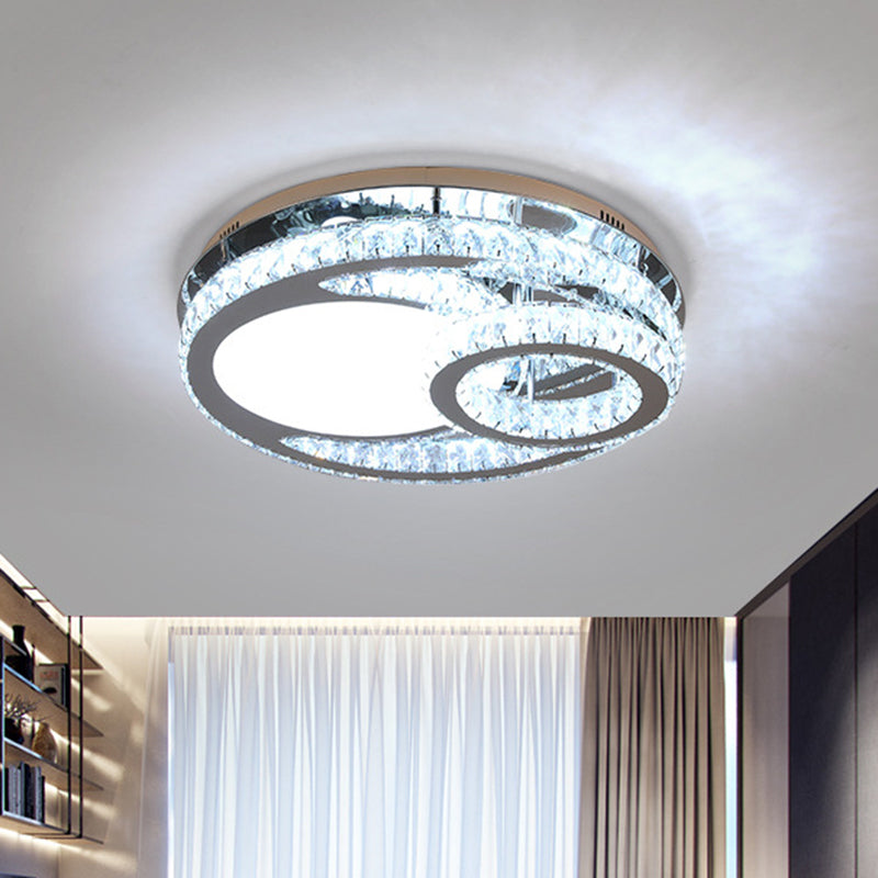 Modernist Beveled Crystal Led Ceiling Light: Round 19.5’/23.5’ Wide Chrome Semi Flush In