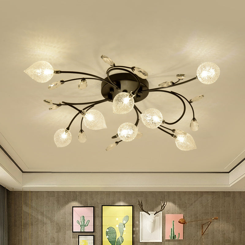 Rustic Clear Glass Sputnik Semi Flush Light With Crystal Deco - Black/Gold Finish