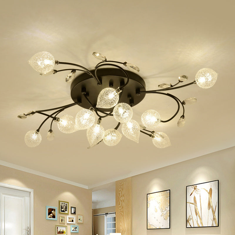 Rustic Clear Glass Sputnik Semi Flush Light With Crystal Deco - Black/Gold Finish 12 / Black