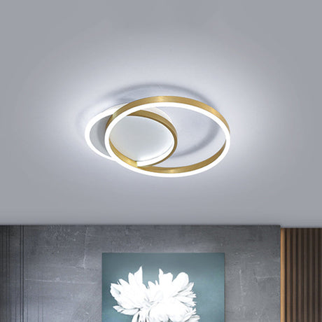 Modern Gold/Coffee Double Hoop Flush Ceiling Light - Led Metallic Mount Fixture (16/19 Width) For