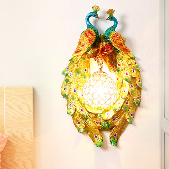 Vintage Resin Peacock Wall Lamp With Clear Crystal Shade - Yellow Single Bulb Light Fixture