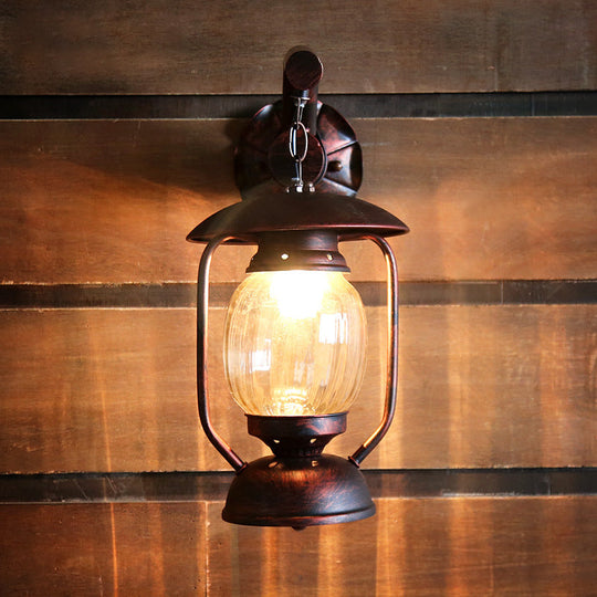 Loft Style Lantern Sconce Light Clear Fluted Glass Wall Mounted Lighting In Weathered Copper Single