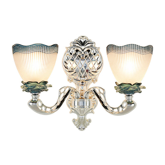 Vintage Scalloped Opal Ribbed Glass Wall Mounted Light With 2 Heads - Silver