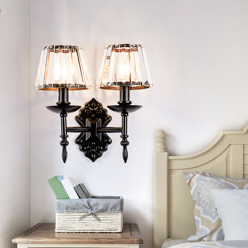 Simple Crystal Prisms Cone Wall Lamp - Black Candlestick Design 1/2-Head Light