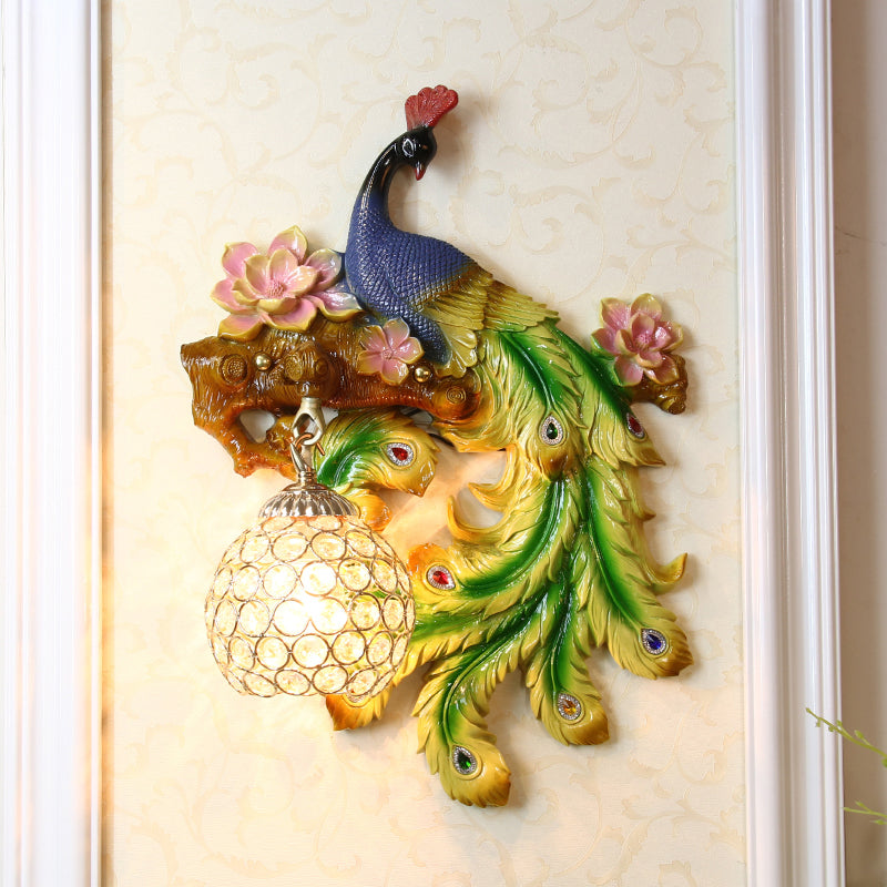 Traditional Blue-Green Bedroom Sconce With Peacock And Flower Design Single Head Wall Lighting