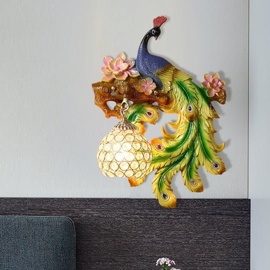 Traditional Blue-Green Bedroom Sconce With Peacock And Flower Design Single Head Wall Lighting