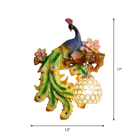 Traditional Blue-Green Bedroom Sconce With Peacock And Flower Design Single Head Wall Lighting