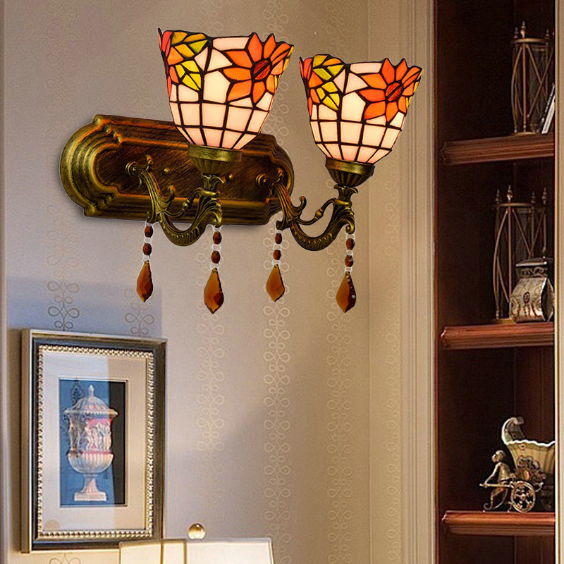 Tiffany Stained Glass Wall Sconce With Pink/Brown/Orange Crystal Accents - 2-Light Bowl Lighting