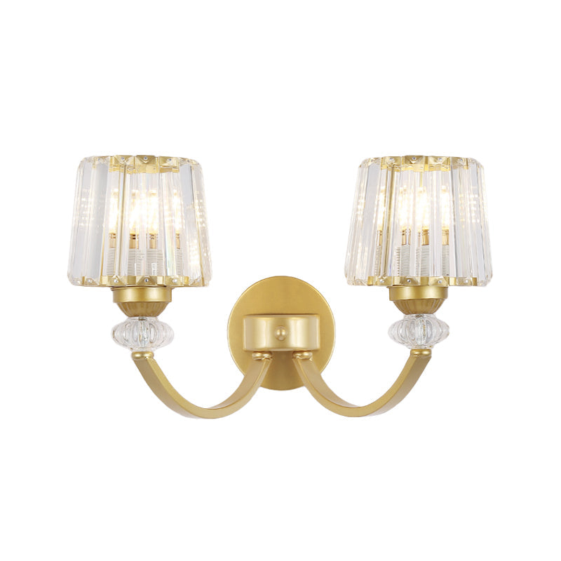 Modern Crystal Wall Lamp: Clear Barrel With Curved Arm In Black/Gold - 1/2-Light Mounted Lighting