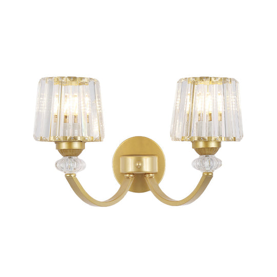 Modern Crystal Wall Lamp: Clear Barrel With Curved Arm In Black/Gold - 1/2-Light Mounted Lighting
