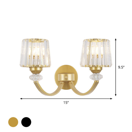 Modern Crystal Wall Lamp: Clear Barrel With Curved Arm In Black/Gold - 1/2-Light Mounted Lighting