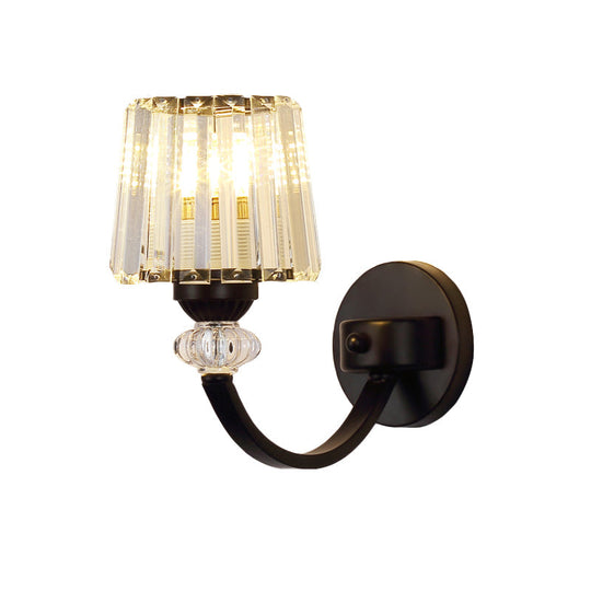 Modern Crystal Wall Lamp: Clear Barrel With Curved Arm In Black/Gold - 1/2-Light Mounted Lighting