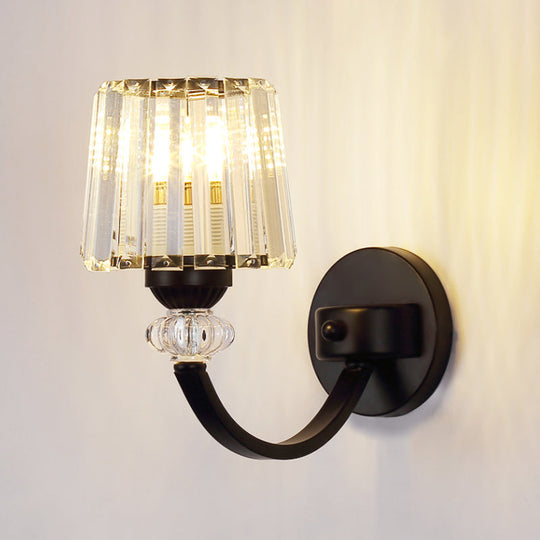 Modern Crystal Wall Lamp: Clear Barrel With Curved Arm In Black/Gold - 1/2-Light Mounted Lighting
