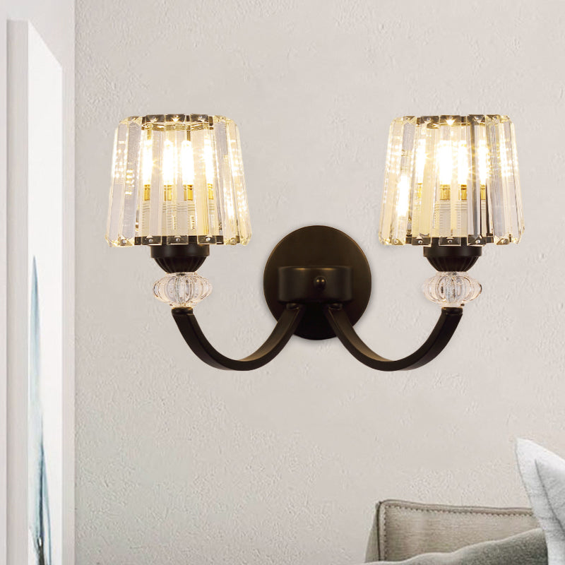 Modern Crystal Wall Lamp: Clear Barrel With Curved Arm In Black/Gold - 1/2-Light Mounted Lighting 2