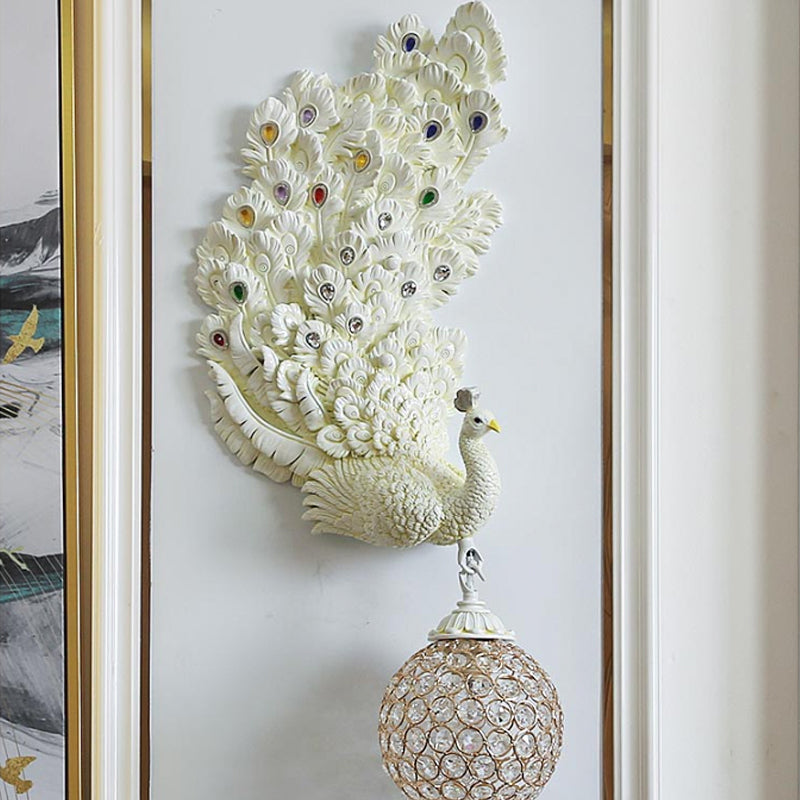 Retro Style Peacock Wall Sconce Light With Clear K9 Crystal Shade In White/Blue/Green - Left/Right