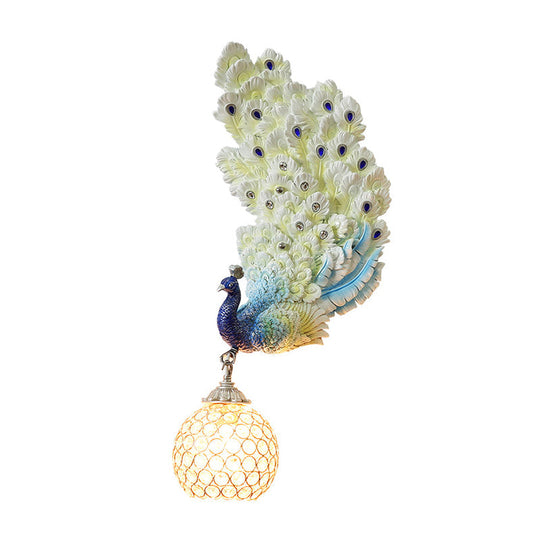 Retro Style Peacock Wall Sconce Light With Clear K9 Crystal Shade In White/Blue/Green - Left/Right