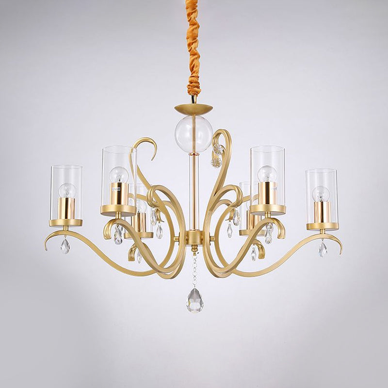 Minimalist Clear Glass Cylinder Suspension Lamp With Crystal Droplet - 6-Head Gold Chandelier