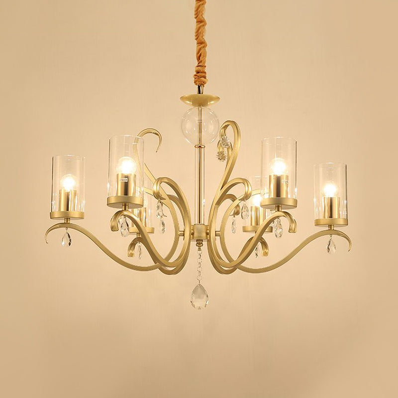 Minimalist Clear Glass Cylinder Suspension Lamp With Crystal Droplet - 6-Head Gold Chandelier