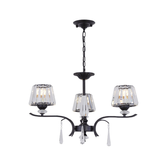 Simple Beveled Crystal Chandelier - 3 Lights Elegant Black Suspension Lamp With Droplet
