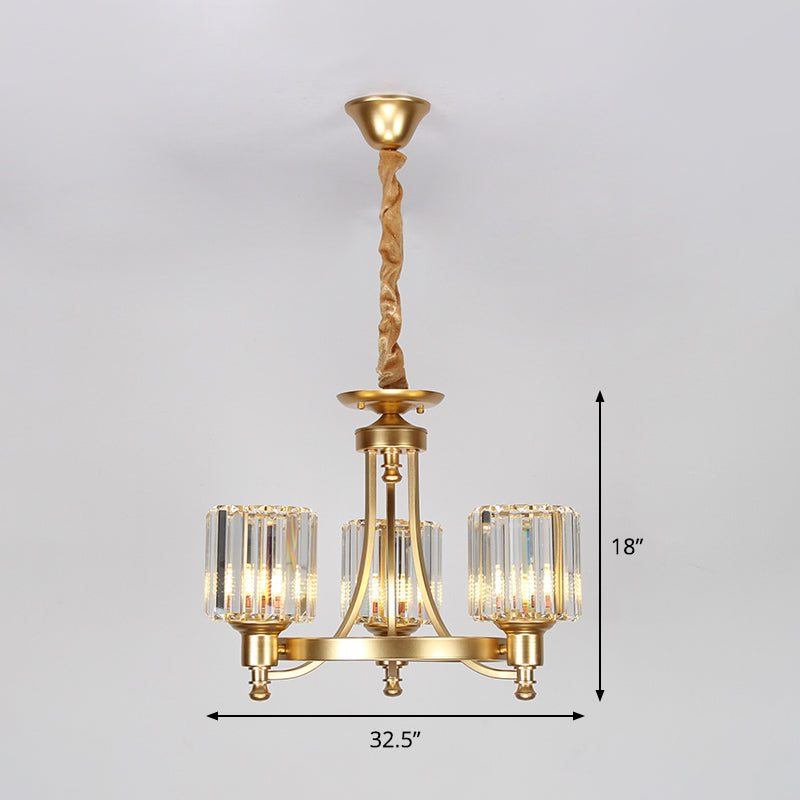 Contemporary Metal Round Chandelier - Gold Ceiling Pendant Light With Drum Crystal Prisms Shade