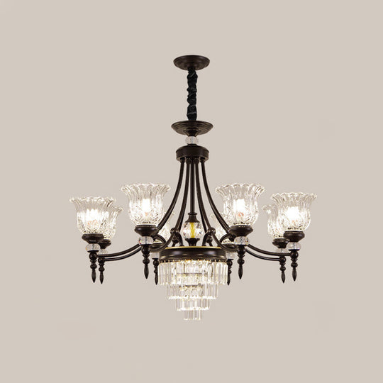 Modern 6/8 Bulbs Chandelier Black Flower Suspension Lamp With Crystal Shade