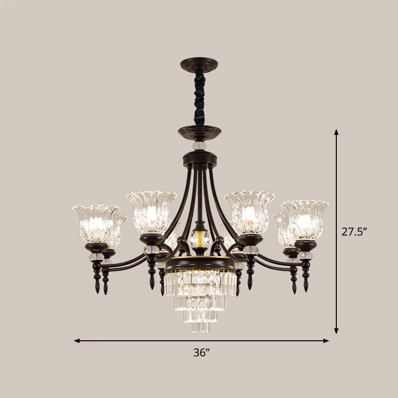 Modern 6/8 Bulbs Chandelier Black Flower Suspension Lamp With Crystal Shade