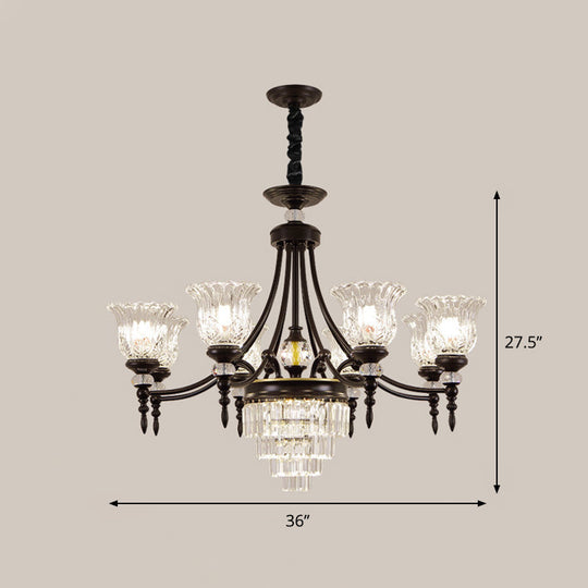 Modern 6/8 Bulbs Chandelier Black Flower Suspension Lamp With Crystal Shade