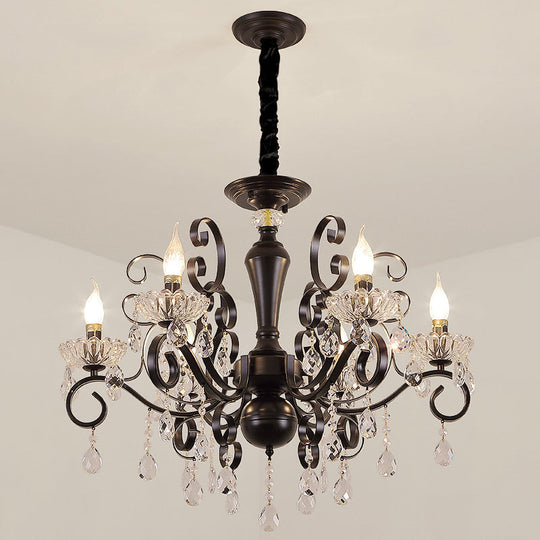 Black Chandelier With Crystal Strands - Metallic Candle Hanging Lamp Kit (6/8 Bulbs) Minimalistic