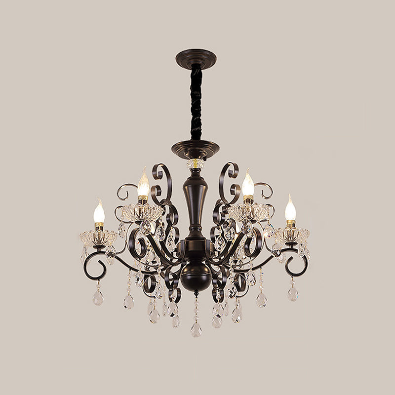 Black Chandelier With Crystal Strands - Metallic Candle Hanging Lamp Kit (6/8 Bulbs) Minimalistic
