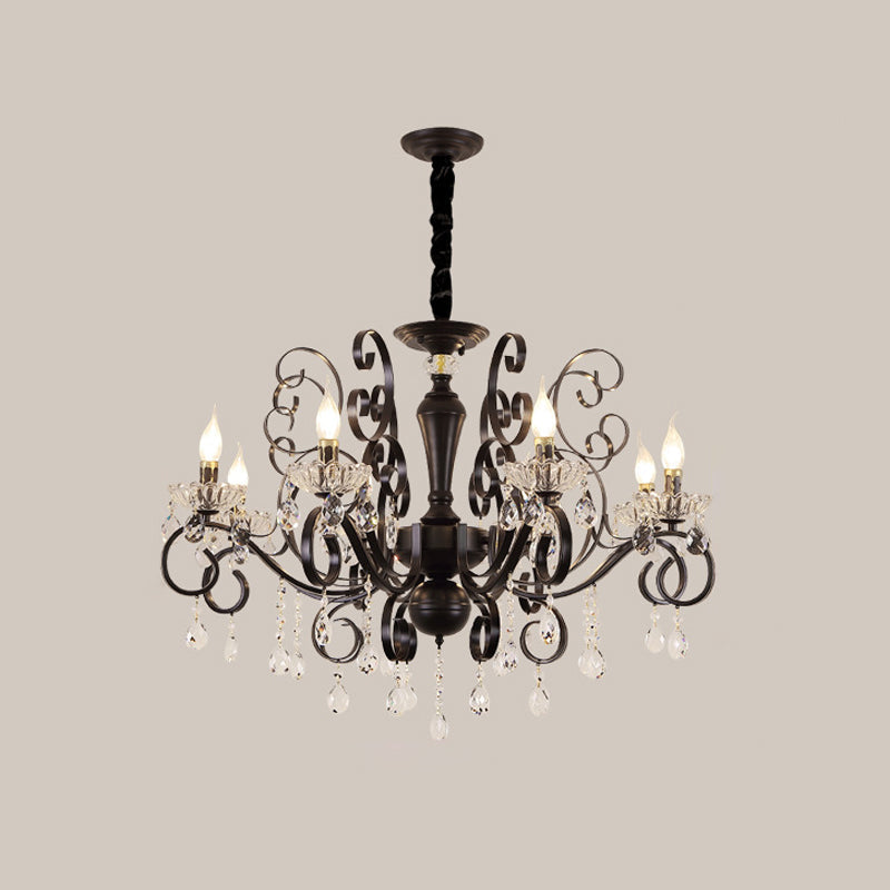 Black Chandelier With Crystal Strands - Metallic Candle Hanging Lamp Kit (6/8 Bulbs) Minimalistic