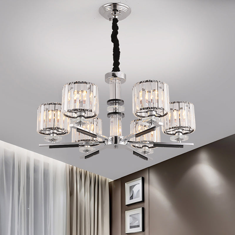Modern Crystal Block Drum Pendant Chandelier - Black 3/6-Head Ceiling Light With Stylish Radial