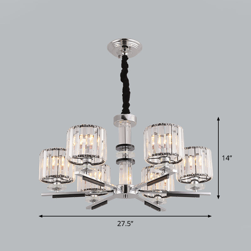 Modern Crystal Block Drum Pendant Chandelier - Black 3/6-Head Ceiling Light With Stylish Radial