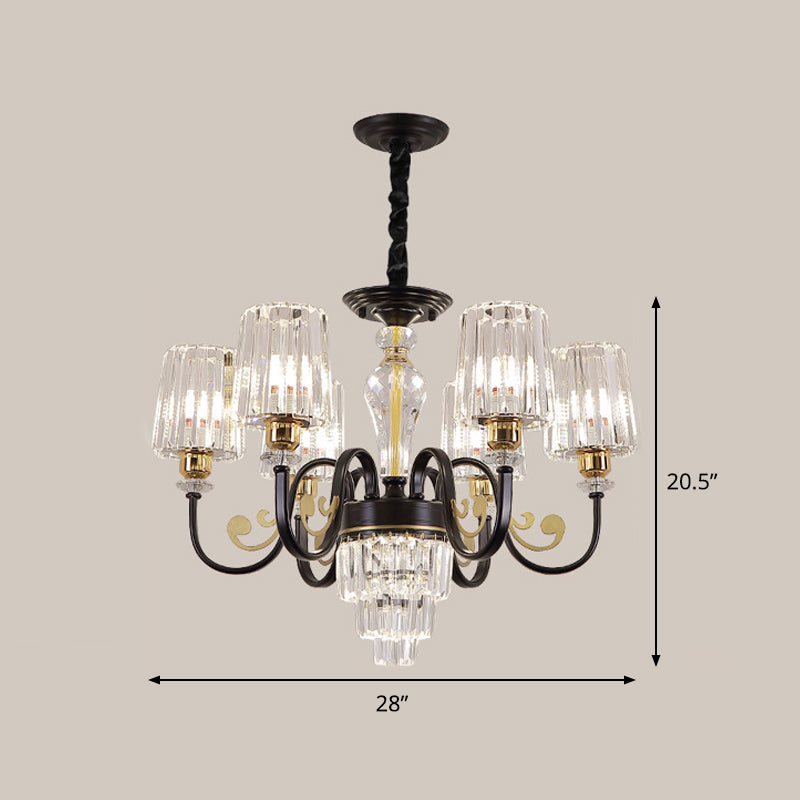 Black Tapered Ceiling Lamp | Simplicity Crystal Chandelier Lighting Fixture 6/8 Lights Scroll Arm