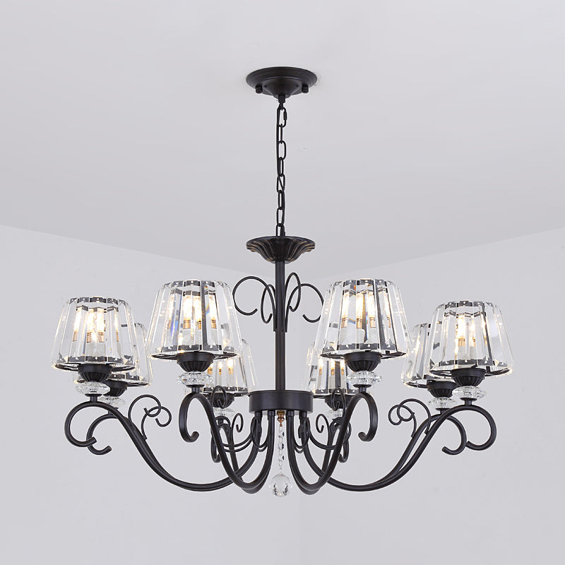 Vintage Crystal Prisms Chandelier With Conic Black Suspension Lighting - 3/6/8 Heads & Scroll Arm