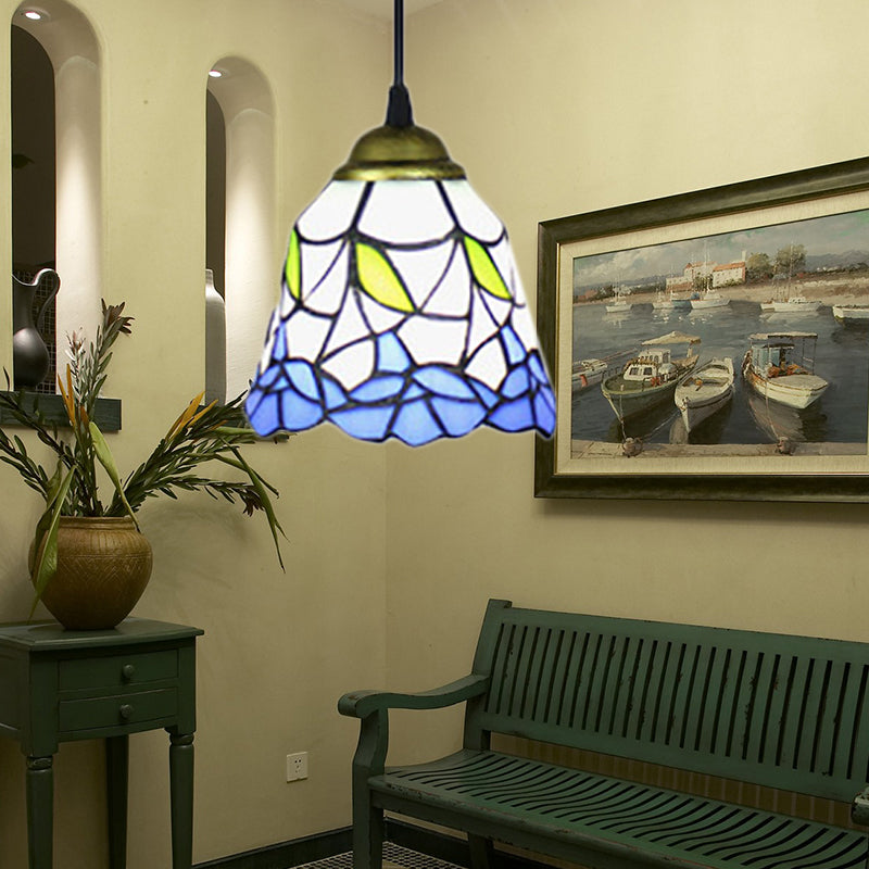 Flared Handcrafted Art Glass Hanging Lamp - Pink/Blue Baroque Suspension Light Fixture For 1 Bulb