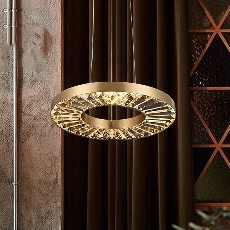 Retro Led Hanging Lamp: Gold Circle Suspension Lighting With Prismatic Crystal Shade In Warm/Natural