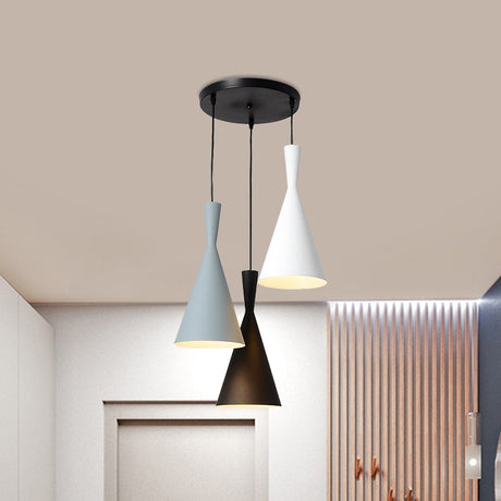 Contemporary Flared Metallic Pendant Light With 3-Head Black Hanging Lamp Kit And Canopy / Round