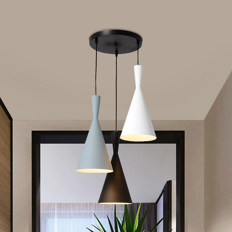 Contemporary Flared Metallic Pendant Light With 3-Head Black Hanging Lamp Kit And Canopy