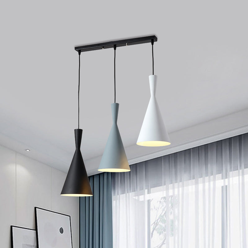 Contemporary Flared Metallic Pendant Light - 3-Head Black Hanging Lamp With Round/Rectangle Canopy