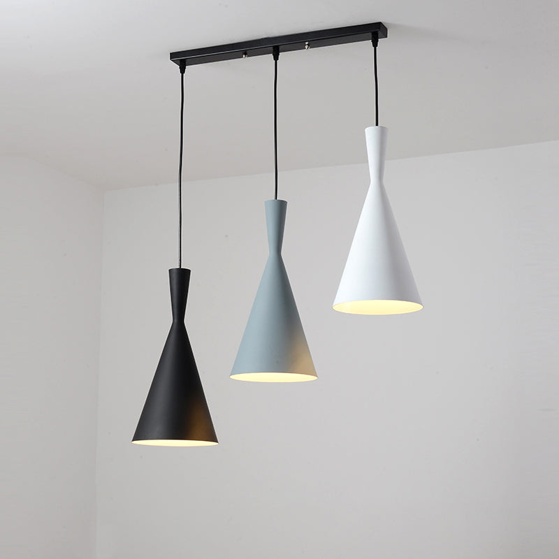 Contemporary Flared Metallic Pendant Light - 3-Head Black Hanging Lamp With Round/Rectangle Canopy