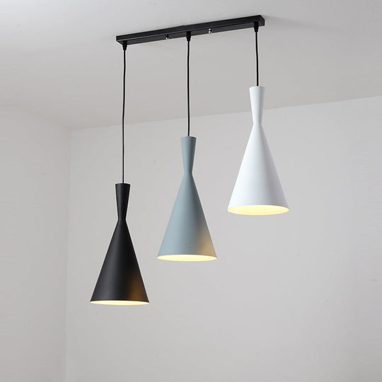 Contemporary Flared Metallic Pendant Light - 3-Head Black Hanging Lamp With Round/Rectangle Canopy