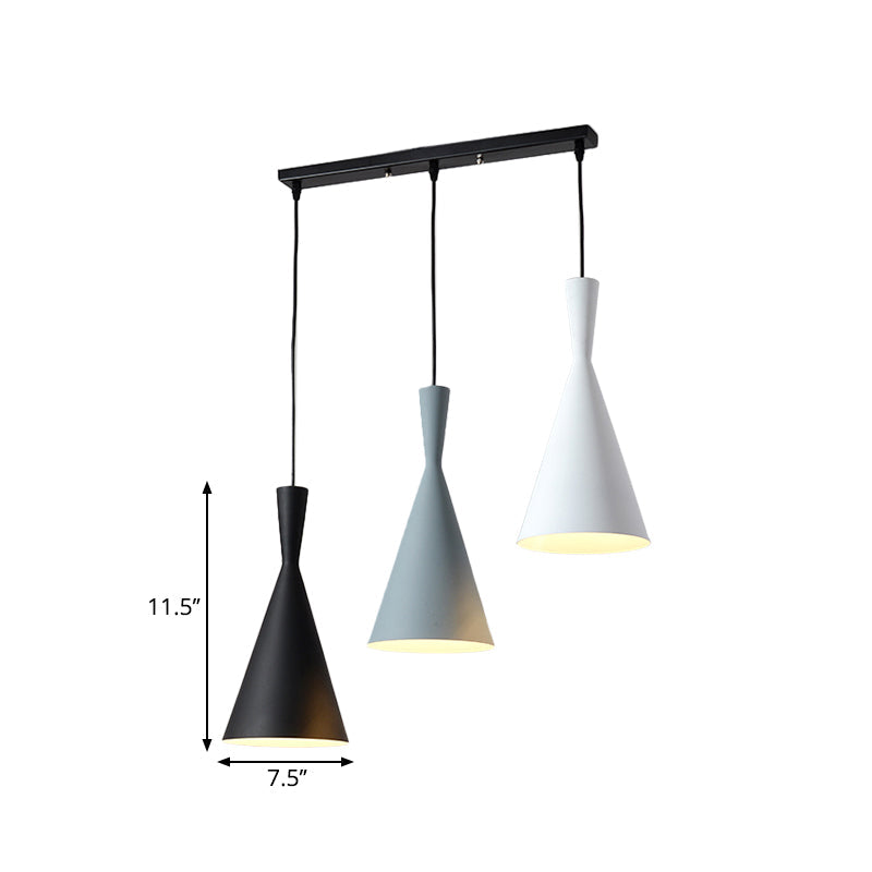 Contemporary Flared Metallic Pendant Light - 3-Head Black Hanging Lamp With Round/Rectangle Canopy