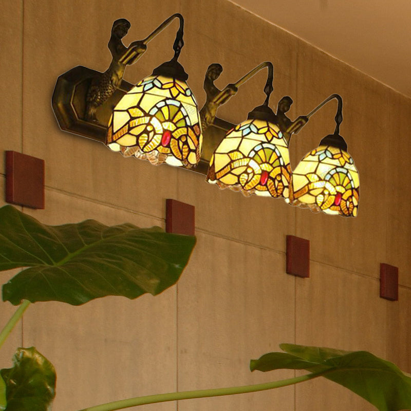 Victorian Style Stained Glass Dome Wall Sconce Lamp With Curved/Mermaid Decoration - 3 Lights Black