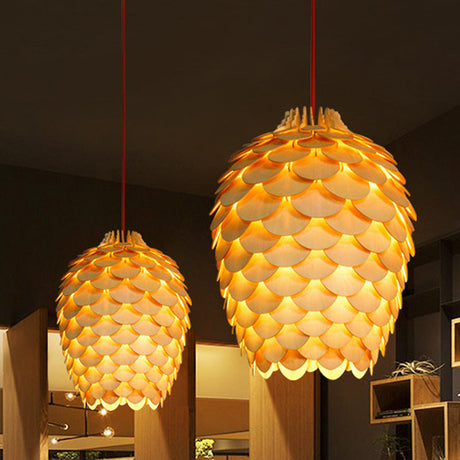 Rustic Pine Cone Hanging Light - Wooden Countryside Design 12/15 Width Beige Ideal For Dining Room