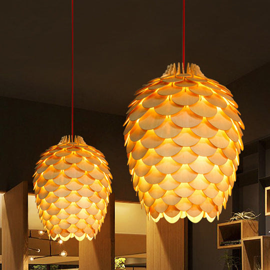 Rustic Pine Cone Hanging Light - Wooden Countryside Design 12/15 Width Beige Ideal For Dining Room